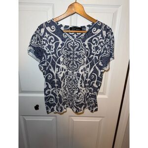G Collection Women's XL Blue White Scroll Print Embellished Stretch Top